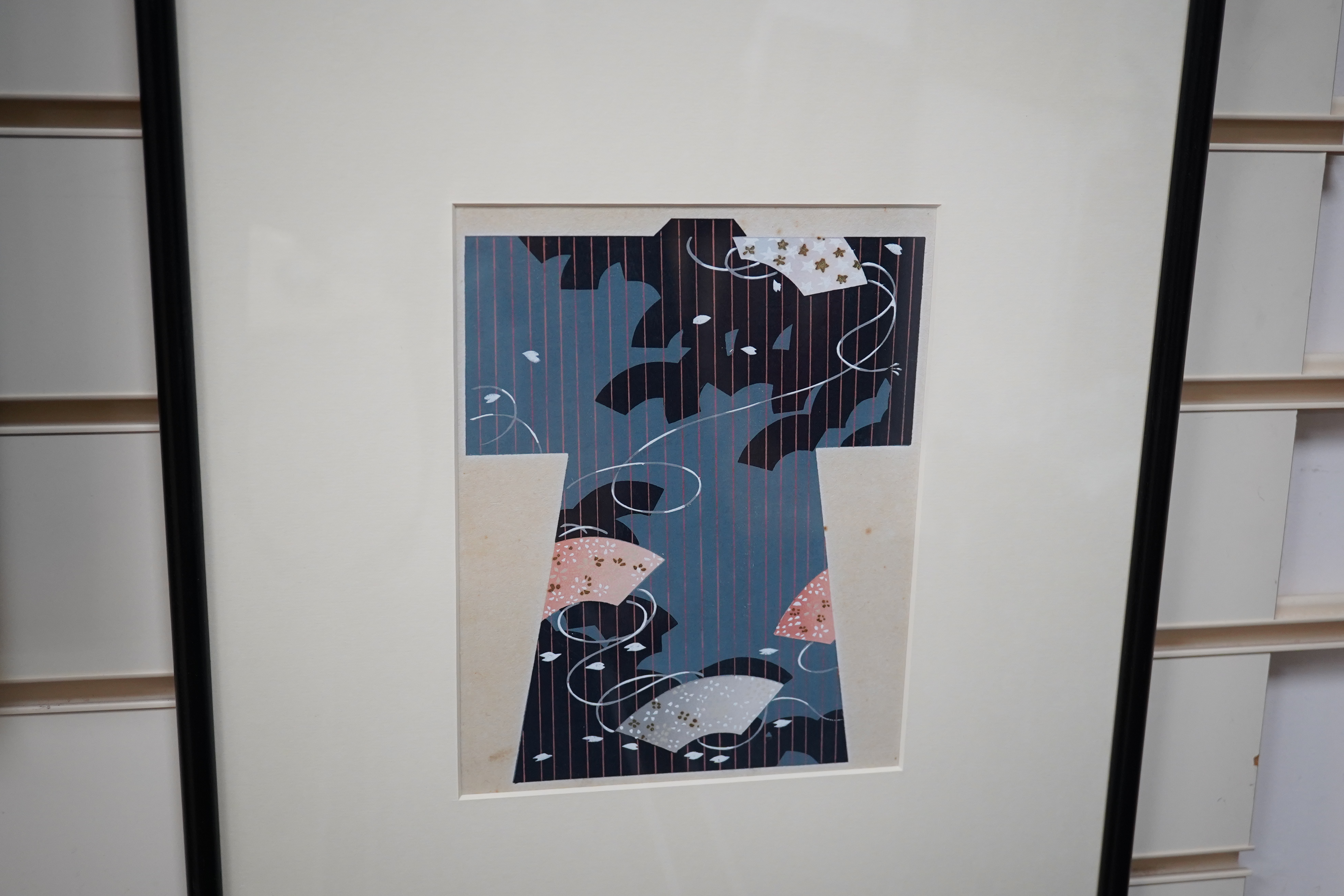 Two Japanese woodblock prints, circa 1930, Kimonos, 21 x 16.5cm. Condition - foxed